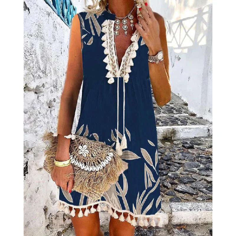 Sleeveless Dress With Floral PrintsWomen Print Tassel Decor Sleeveless Boho Tank Dress