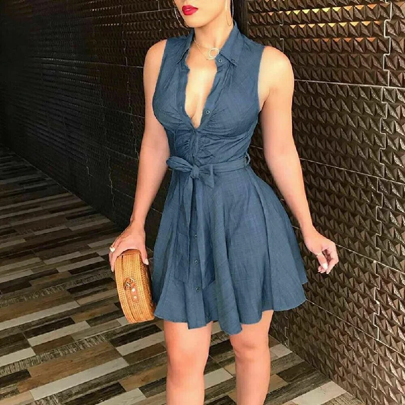 Sleeveless Dress In GeorgetteFashionSierra - Women Sleeveless Denim Deep V neck Dress