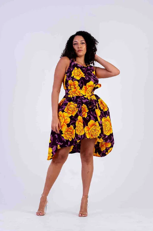 Sleeveless Dress In SilkZetta Sleeveless Dress | Yellow and Purple African Print