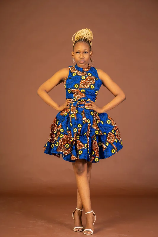 Sleeveless Dress In LaceZuri Ankara Sleeveless Dress | Blue and Brown African Print