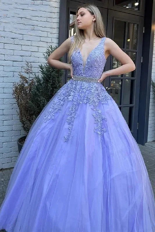 prom dress cleaning2025 Lavender Lace Prom Dresses Sleeveless V Neck Formal Gowns