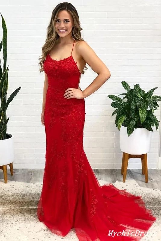 prom dresses with sheer overlays2025 Red Lace Prom Dresses Long Spaghetti Straps Cross Back