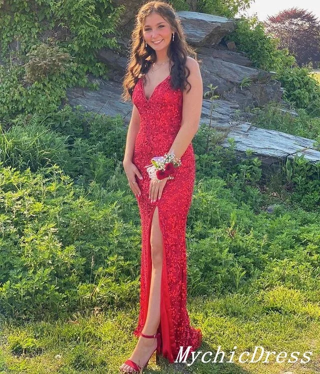 prom dresses with floral embroidery2025 Red Sequin Prom Dresses V Neck Spaghetti Straps Split