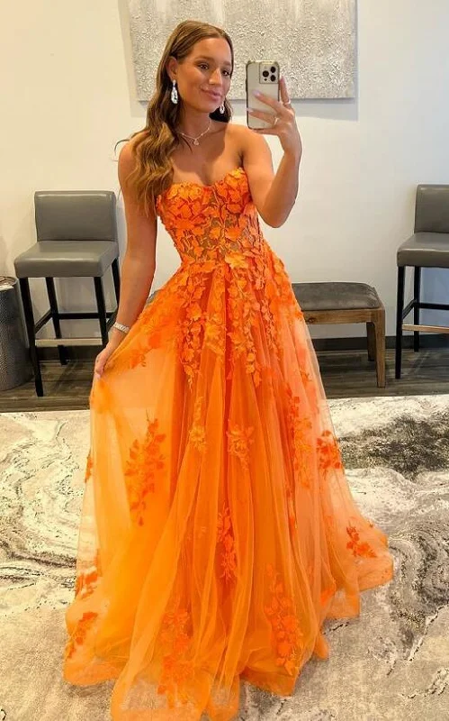 luxury prom dresses2025 Orange Lace Prom Dresses Sexy Sweetheart Long Applique Formal Dresses