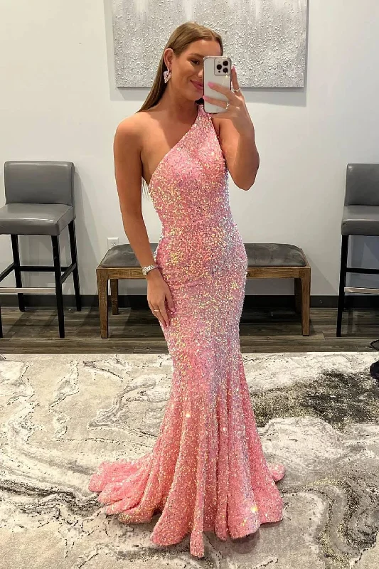 sparkly prom dresses2025 Sparkly Sequins Mermaid Prom Dresses One Shoulder Long Formal Dress