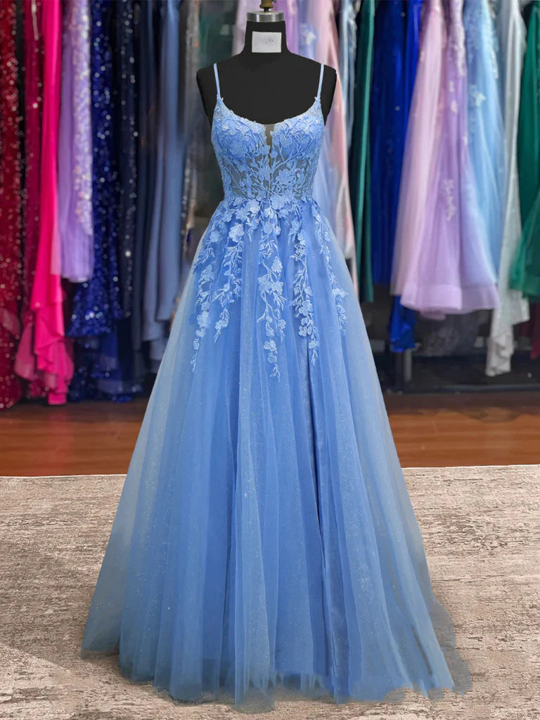 prom dresses with illusion panels2025 Lace Blue Prom Dresses V Neck Long Formal Dresses Open Back