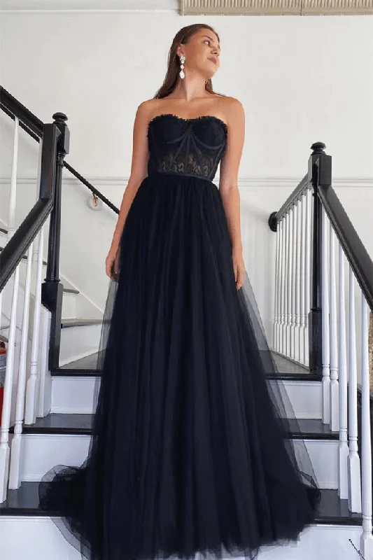 fitted prom dressesA Line Black Lace 2025 Prom Dress Tulle Strapless Long Formal Dresses UK