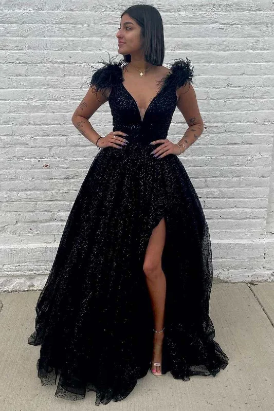 metallic prom dressesA Line Black Prom Dresses 2025 Sequin Feathers Graduation Dress with split