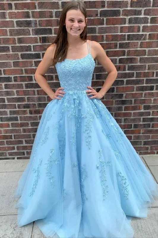 spaghetti strap prom dressesA Line 2025 Blue Graduation Dresses Lace Applique Long Prom Dress Cheap