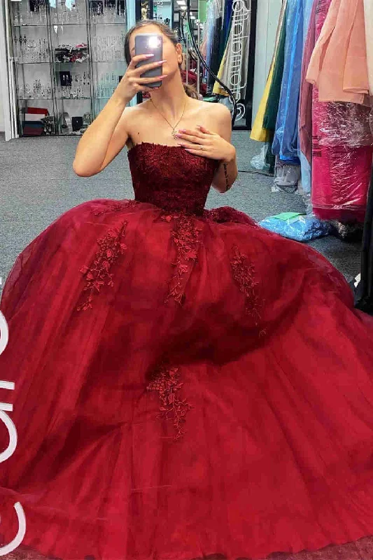 mid-length prom dressesA-Line 2025 Burgundy Lace Prom Dresses Strapless Appliques Long Formal Dress