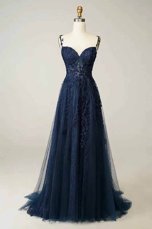 prom dresses for curve-hugging figuresA Line Cheap Navy Blue Lace Prom Dresses Spaghetti Straps with Appliques