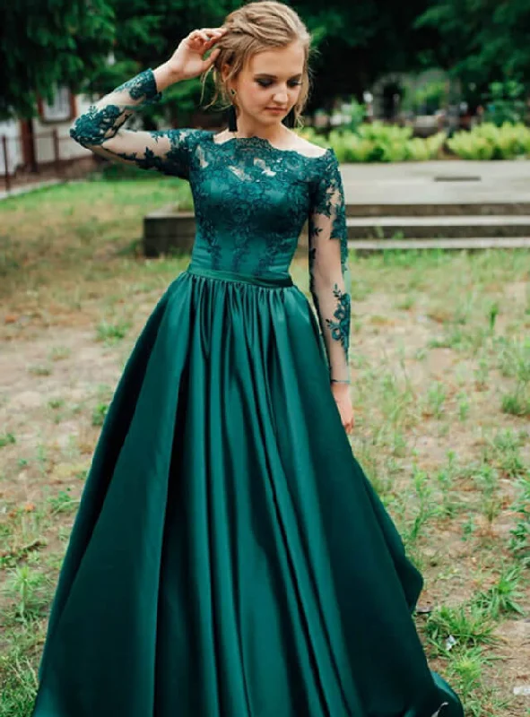 illusion neckline prom dressesA-Line Green Long Sleeve Prom Dresses Satin Off the Shoulder Appliques