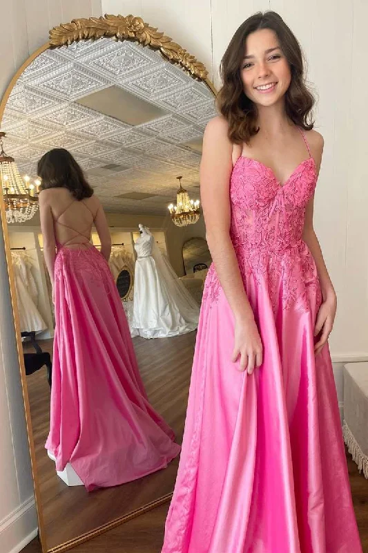 high-low prom dressesA-Line Hot Pink Formal Dresses 2025 Floral Appliques Cheap Prom Dress Lace-Up