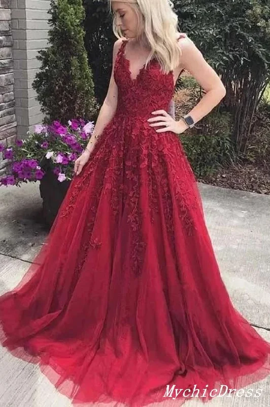 prom dresses with trainsA Line Lace Burgundy Prom Dresses 2025 V Neck Sleeveless