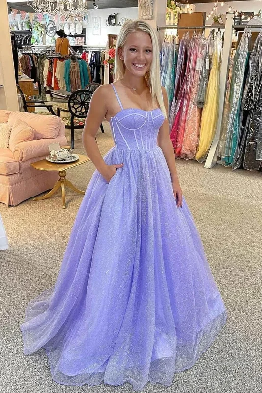 custom prom dressesA Line Lilac Shiny Prom Dresses 2025 Spaghetti Straps Tulle Long Formal Dress