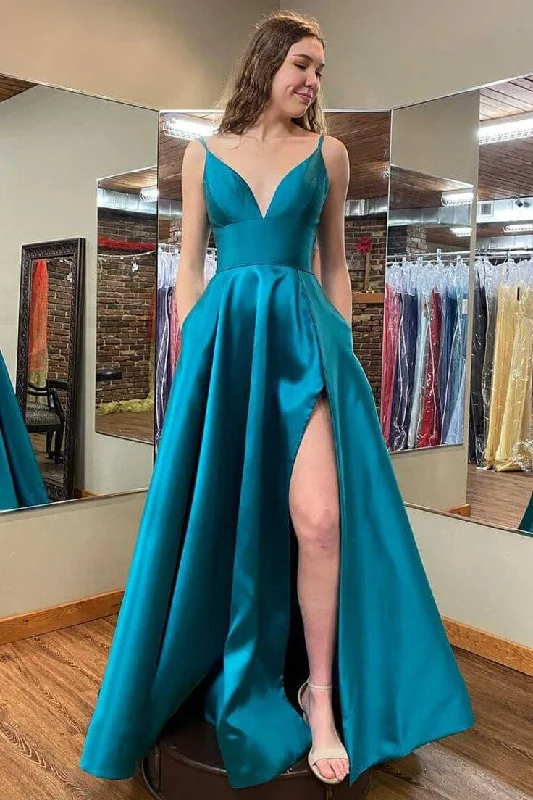 off-shoulder prom dressesA-Line Long Prom Dress Satin Side Slit Teal Green Formal Dress with Pockets