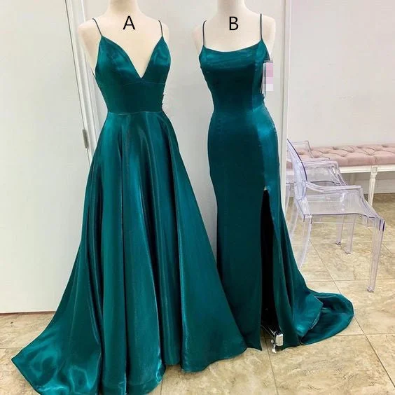 prom dresses for summerA Line Long Satin Emerald Green Prom Dresses 2025 with Split