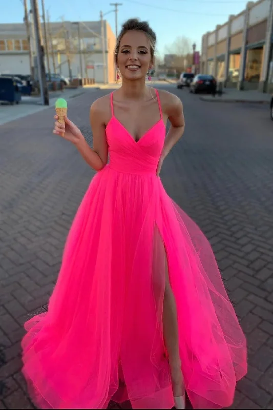 petite prom dressesA-line Long V Neck Tulle Prom Dress Hot Pink with Lace-up Back