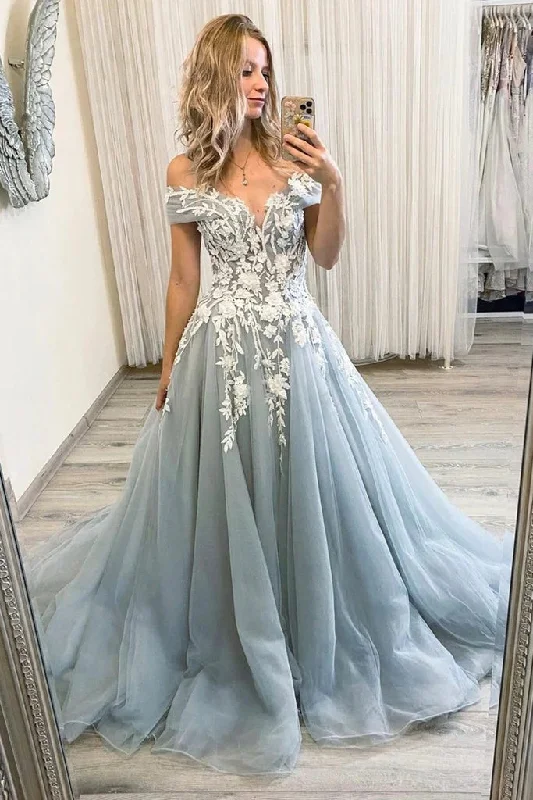 prom dresses for hourglass figures2025 A Line Off Shoulder Lace Applique Prom Dresses Tulle Long Formal Dress