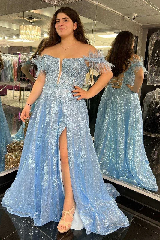 prom dresses with sheer overlaysA Line Off-the-Shoulder 2025 Blue Plus Size Prom Dresses Sequin Feather with Slit