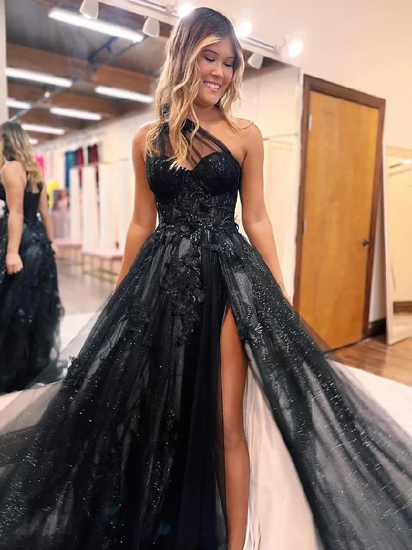 satin prom dressesA-Line One Shoulder 2025 Prom Dresses Black Tulle Lace Formal Dress