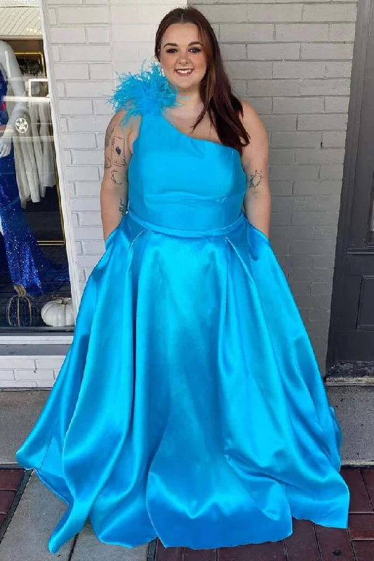 prom dress shopping tipsA-Line Plus Size Blue Prom Dress Feathers One-Shoulder Long with Pockets