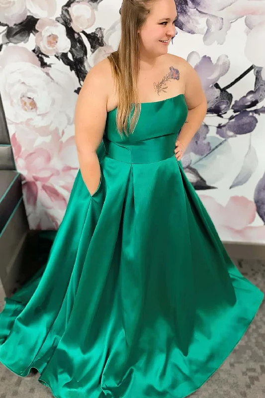 petite prom dressesA Line 2025 Plus Size Prom Dresses Green Satin Long Formal Dress with Pockets