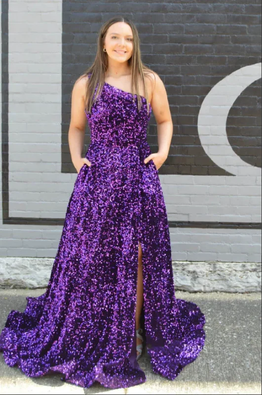 halter neck prom dressesA-Line Plus Size Sequins Iridescent Prom Dresses Purple One Shoulder