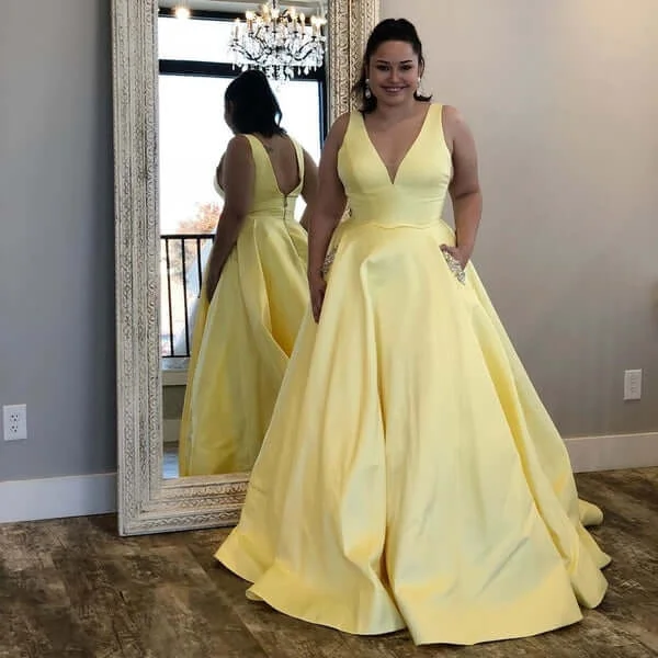 prom dress cleaningA Line 2025 Plus Size Yellow Satin Prom Dresses V-Neck with Beading Pockets