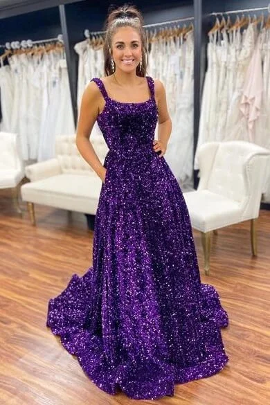 plus-size prom dressesA-Line Purple Sequin Prom Dresses Square Neck Backless Long Formal Dresses