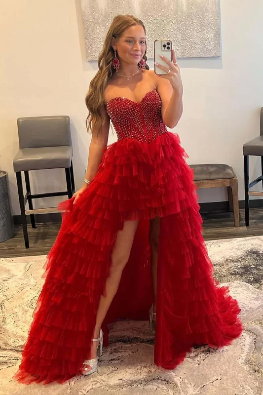 spaghetti strap prom dressesA-Line Red High Low 2025 Prom Dresses Tulle Sweetheart Beaded Tiered Formal Dress