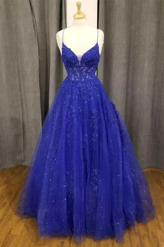 prom dress color trendsA-Line Royal Blue Formal Gown Long V-Neck Lace Prom Dress Applique