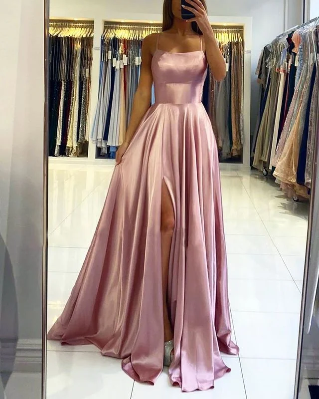 prom dress inspiration galleriesA Line Satin Blush Pink Prom Dresses Cross Back Split Side