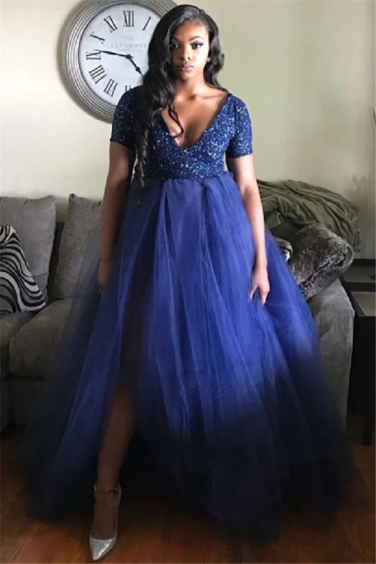 prom dress style guidesA Line Sequin Tulle Plus Size Prom Dresses Royal Blue High Waist Formal Dress