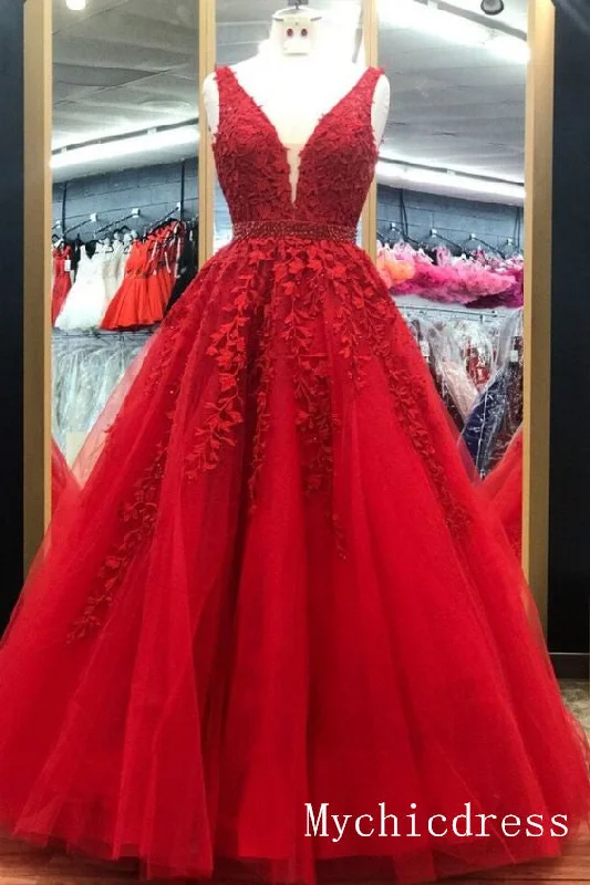 lace-up prom dressesA Line Sleeveless Red Lace Prom Dressses V Neck Applique Formal Dresses