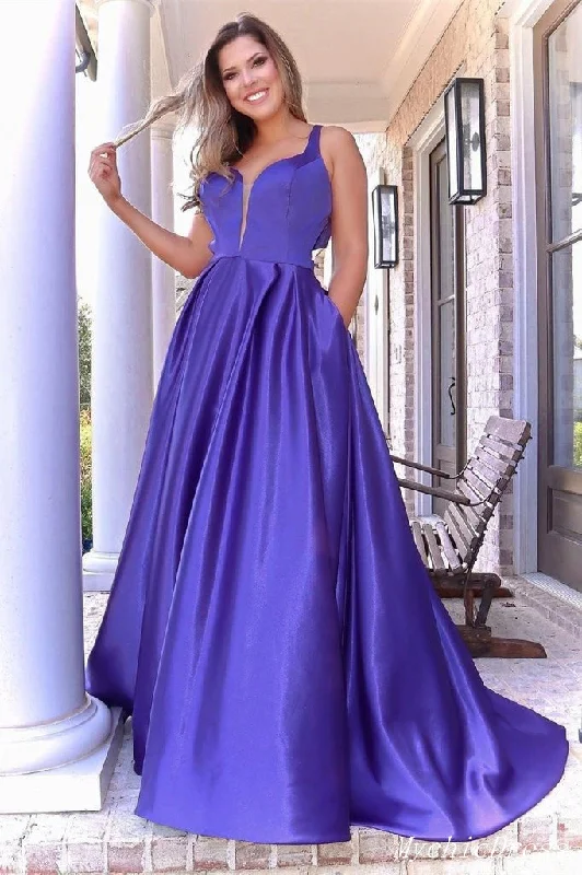 halter prom dressesA Line Sleeveless Satin Prom Dresses Strap Long Eveing Dresses with Back Bow