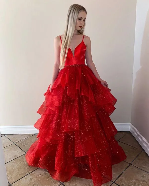 sequined prom dressesA Line Sparkly Ball Gown Red Prom Dresses 2025 Ruffled Tulle Formal Dress