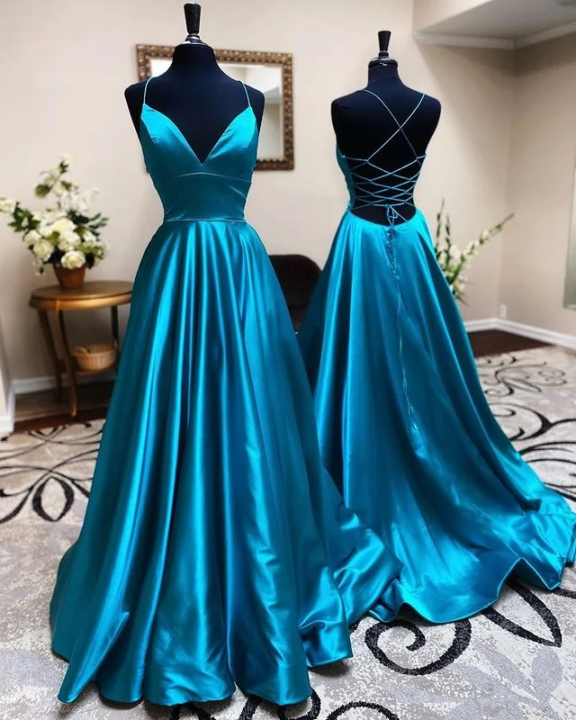 prom dresses with illusion panelsA Line Stretch Satin Emerald Green Prom Dresses Spaghetti Straps V Neck Dress