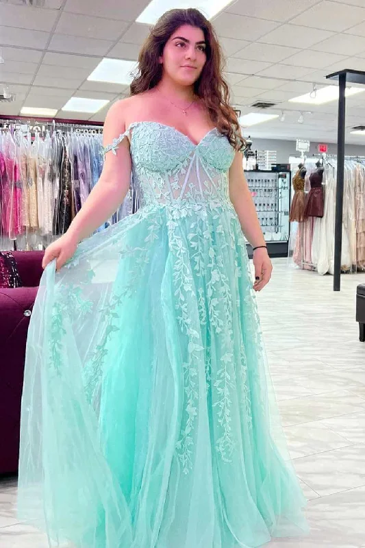 prom dresses with beaded accentsA-Line Tulle Floral Plus Size Lace Prom Dresses Applique Off-the-Shoulder