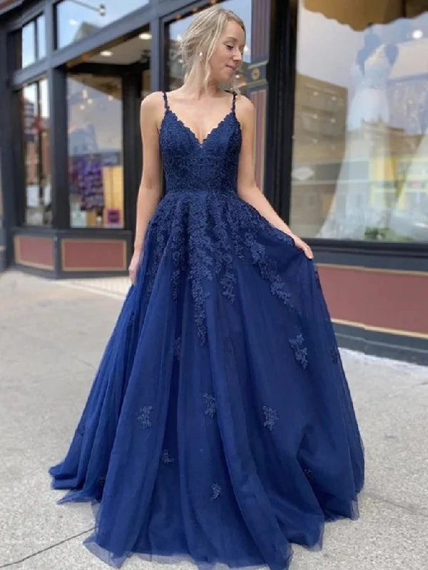 mini prom dressesA Line V Neck Navy Blue Prom Dresses 2025 Lace Cheap Formal Dresses