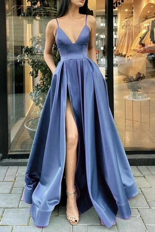 prom dresses for winterA Line V Neck Satin Dusty Blue Prom Dresses Spaghetti Straps with Pockets