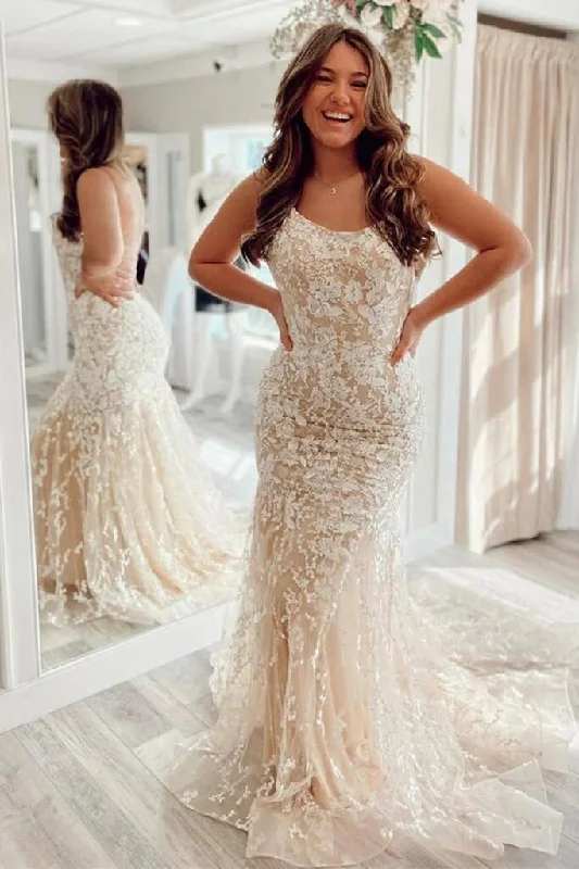 mini prom dressesBackless 2025 Lace Long Prom Dress Champagne Square Graduation Dress Mermaid