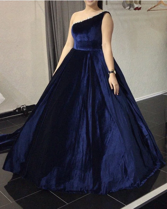 bodycon prom dressesBall Gown One Shoulder Velvet Navy Plus Size Prom Dresses with Beaded