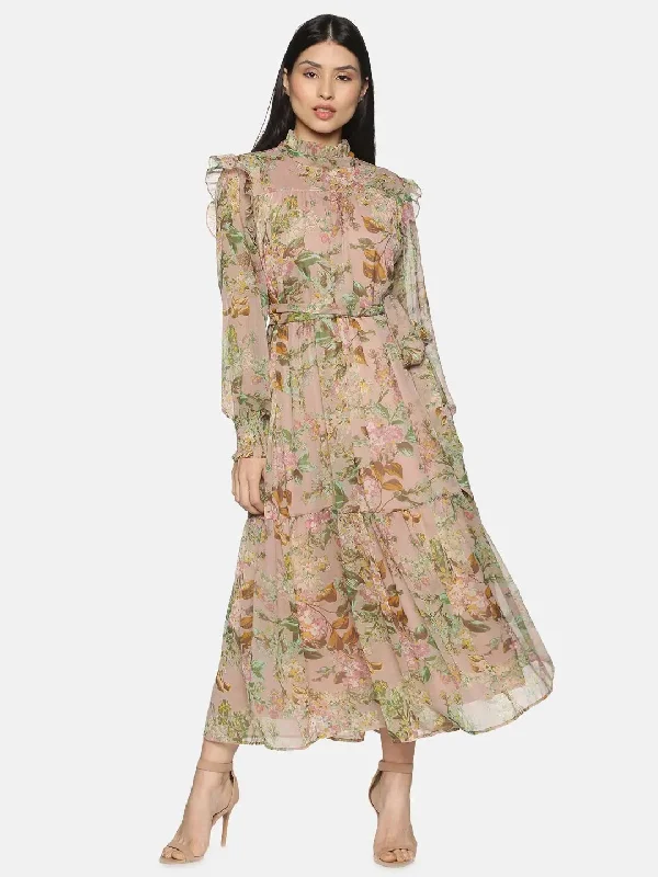 body-hugging midi dressesBeige Floral Tiered Midaxi Dress-17177