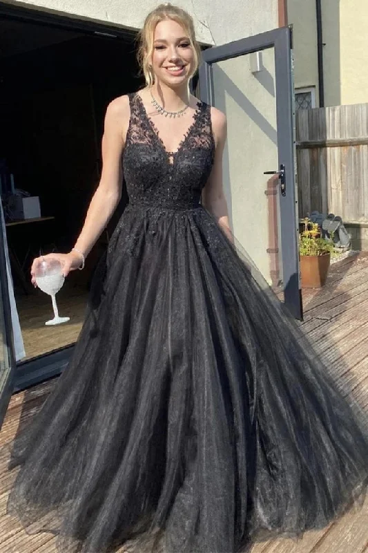 prom dress alterationsBlack Lace Long PromDresses 2025 Tulle V Neck A Line Formal Dresses