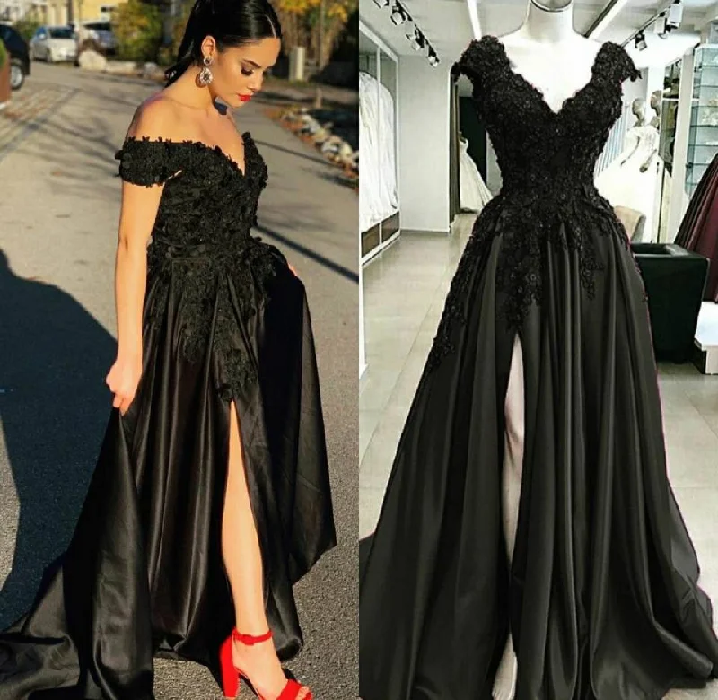 prom dress try-on ideasBlack Lace 2025 Prom Dresses V Neck Satin Applique Formal Dress with Split