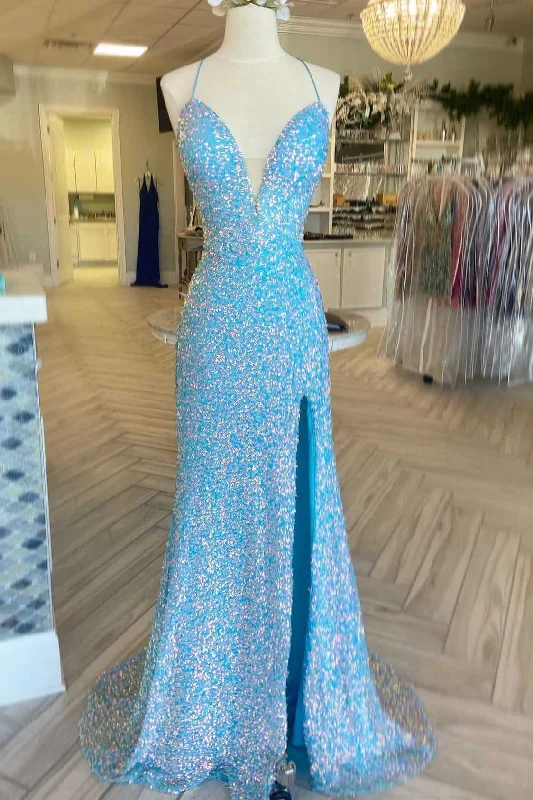 two-piece prom dresses2025 Blue Iridescent Sequin Prom Dresses V Neck Mermaid Graduation Dress Split