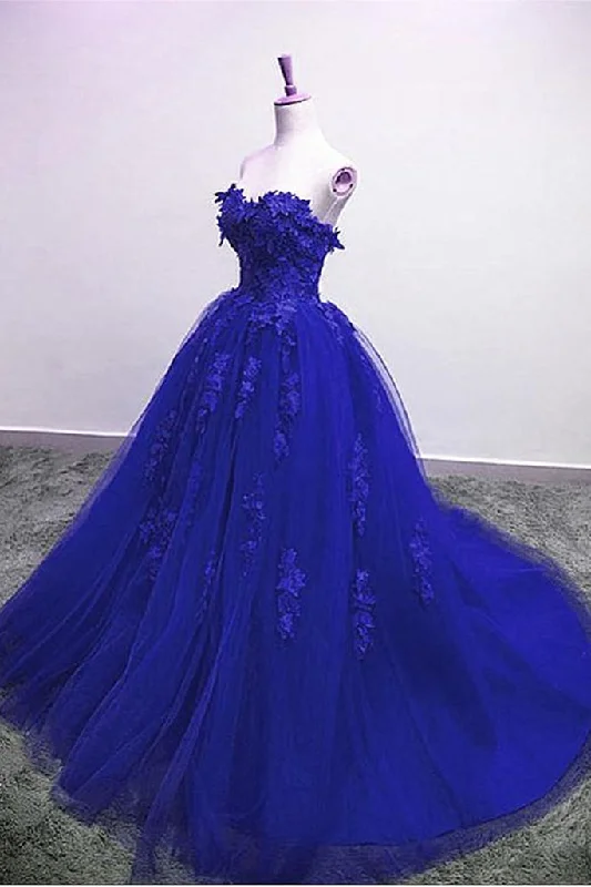 prom dresses with pocketsBlue Lace Floral Prom Dresses Tulle Applique Sweetheart Ball Gown Formal Dresses