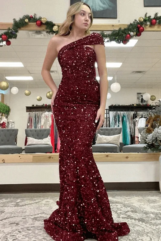 elegant prom dressesBurgundy Sequin One Shoulder Prom Dresses 2025 Mermaid Long Formal Dress