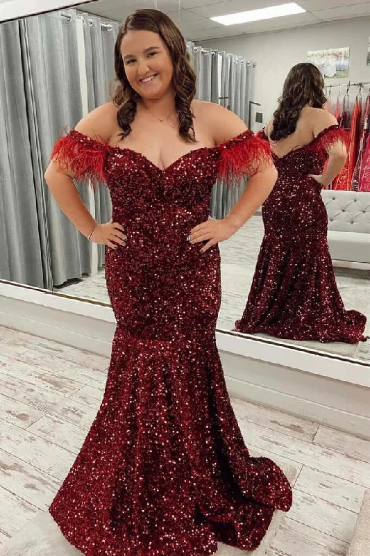 prom dresses for summerBurgundy Sequin Plus Size Prom Dresses Mermaid Feather